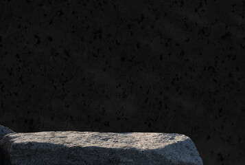 Poster - Rock stone podium stand display product on black wall interior room background, Studio Background with Shadow on Sea Stone mockup Stand pedestal for Cosmetic,Perfume Product Present branding