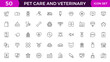 © Iconicly - Set of line icons related to pet, care, veterinary, vet, and healthcare. Outline icon collection. Set of outline veterinarian icons. Animals veterinary icons.Pet and Vet Line Icon Set.