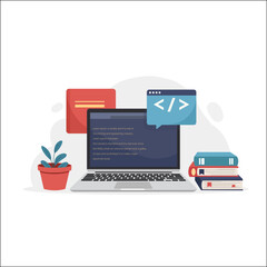 Modern flat design of computer with coding screen and web development tools on transparent background