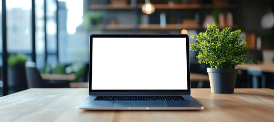 Wall Mural - professional laptop workstation with trapsnarent png screen displayed on tabletop in open office are
