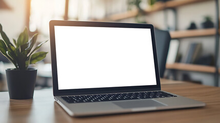 Canvas Print - minimalistic workspace featuring laptop with empty png screen and coffee mug for creative advertisin