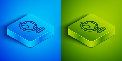 Wall Mural - isometric line earth globe icon isolated on blue and green background. square button. vector