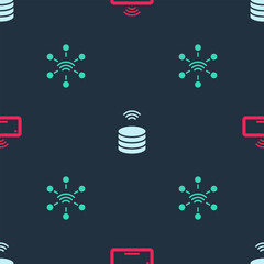 Wall Mural - set computer keyboard, smart data server and network on seamless pattern. vector