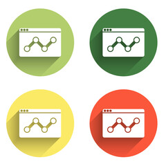 Wall Mural - Set Web analytics information and development website statistic icon isolated with long shadow background. Analysis, management, marketing, research. Color circle button. Vector