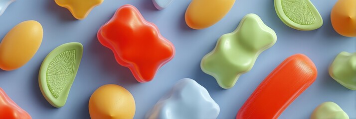 Aufkleber - Colorful Gummy Texture 3D Sticker Elements on Matte Blue Surface for Creative Projects