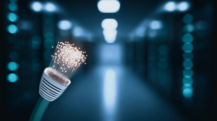 Wall Mural - fiber optic cable in data center: a detailed close-up reveals a luminous fiber optic cable against a