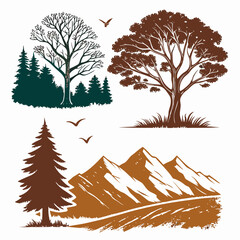 nature silhouettes trees mountains birds forest landscape design elements