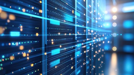 Poster - Digital server room with blue neon data flow and glowing particles, perfect for showcasing cloud computing, network performance, or futuristic IT infrastructure