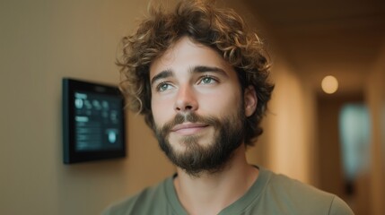 Poster - A man stands in a modern home environment, contemplating the benefits of smart technology. Various devices offer comfort and control to manage household functions effectively.