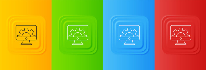 Wall Mural - White Software, web development, programming concept icon isolated on colorful background. Programming language and program code on screen monitor. Set icons in square buttons. Vector