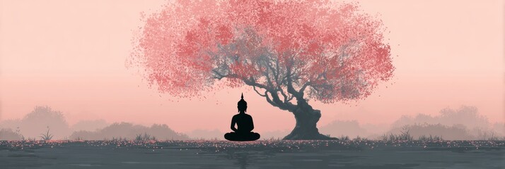 Poster - Meditating Buddha Sitting Peacefully Under a Bodhi Tree With Soft Colors in the Background, Promoting Tranquility and Mindfulness