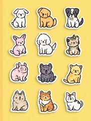 Poster - Cute Pet Stickers Collection Featuring Various Animals on a Bright Yellow Background With Clear Right Margin