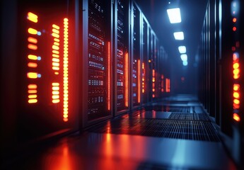 Poster - Dimly lit server room with glowing red LED indicators and cool overhead lighting, ideal for illustrating network security, IT operations, or data center environments