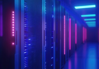 Poster - Modern data center corridor with vertical racks illuminated in pink and blue, ideal for cloud hosting, server infrastructure, and tech-focused visualizations