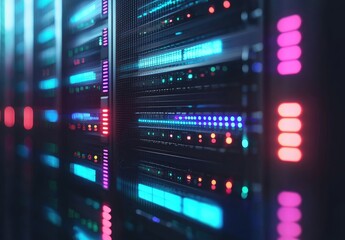 Poster - Close-up of high-tech data server racks with illuminated control panels and multicolored LEDs, perfect for IT infrastructure, cloud systems, or cybersecurity illustrations