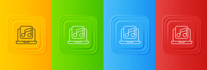 Wall Mural - White Laptop with music note symbol on screen icon isolated on colorful background. Set icons in square buttons. Vector
