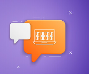 Wall Mural - White Binary code icon isolated on purple background. Orange speech bubble symbol. Vector