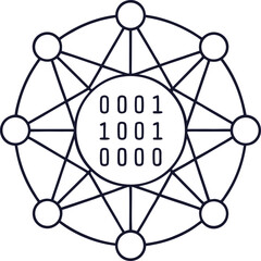a clean line art graphic of a circular network with connected nodes and binary code in the center.