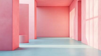 Empty corridor with pink gradient walls and soft shadows for modern design minimalist architecture