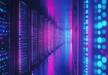 Poster - Futuristic data center corridor with glowing server racks in neon pink and blue lighting, perfect for use in tech websites, IT services, and cloud infrastructure design