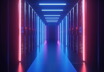 Poster - Symmetrical server room corridor lit with pink and blue neon lights, ideal for visualizing futuristic cloud systems, IT data centers, and digital infrastructure themes