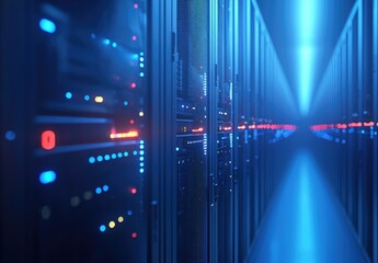Poster - Long corridor of glowing blue servers in a secure data center, perfect for illustrating cloud systems, IT infrastructure, and enterprise networking environments