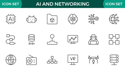 Artificial intelligence and Networking technology icon set. AI and networking editable line icon illustration.