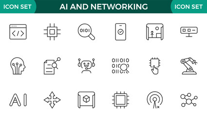 Artificial intelligence and Networking technology icon set. AI and networking editable line icon illustration.