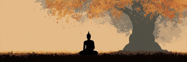 Aufkleber - Meditating Buddha Under Bodhi Tree at Sunset Surrounded by Serene Atmosphere Promoting Tranquility and Peace