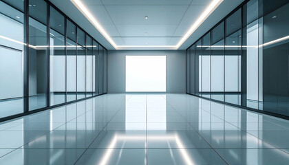  Modern Office Corridor with Glass Walls and Reflective Floor