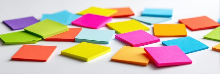 Poster - Colorful Sticker Set Scattered Creatively on White Background With Ample Clean Space for Design Projects or Organization