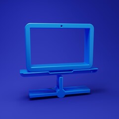Wall Mural - blue computer network icon isolated on blue background. laptop network. internet connection. minimal