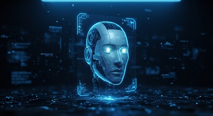 digital robot face glowing in blue pixelated display