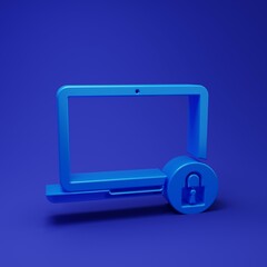 Wall Mural - blue laptop and lock icon isolated on blue background. computer and padlock. security, safety, prote