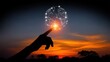 © SR Stock - Silhouette of a hand touching a glowing digital earth representing global connection against a sunset backdrop