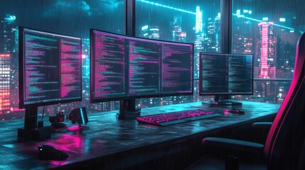 This illustration shows the world of computer programming, where people create software and games. 