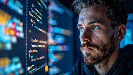 Focused Programmer Working on Complex Code with Serious Expression and Technology Reflection