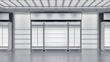 © Wire_man - Supermarket interior with commercial refrigerators, empty shelving, white niches with shelves, hanging banners. 3d illustration