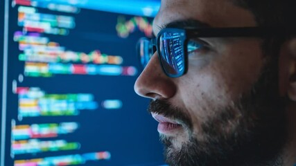 Young male programmer coding and debugging software looking at computer monitor in office