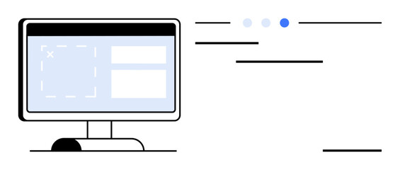 Monitor screen displaying UI layout with navigation indicators and text lines. Ideal for web design, technology, digital interface, software development, UX trends, education, simple landing page