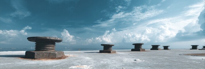 Poster - Construction Anchor Bolts Arranged on a Flat Surface Under a Bright Sky With Light Clouds in the Background During Daytime