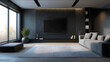 © vasile - Front view A minimalist and modernstyle living room with black TV wall carpet and no furniture Modern minimalist style