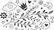 © Discovery - Decorative doodles. Hand drawn pointing arrow, outline shapes and doodle frames. Ink signs decoration ornament. line curved arrow, heart. circle sketch isolated vector illustration symbols set.