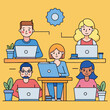 © KM - Diverse team working collaboratively on laptops with gear icon for productivity