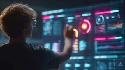 Young Programmer Interacting with Futuristic Interface