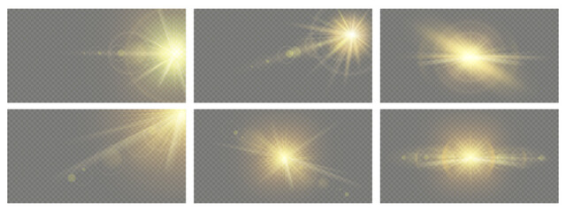 Wall Mural - Sunlight effect. Realistic sun rays light glare, transparent sunbeams lens flare, shining star glow, natural yellow sparkles. Summer sunshine. Vector isolated 3D starburst set