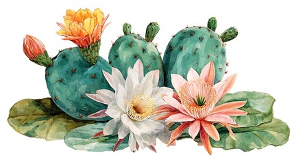 Poster - Watercolor composition with tropical cactus with flowers on white background, floral illustration