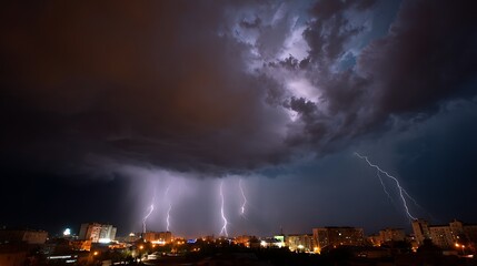 Poster - Spectacular thunderstorm with bright flashes and heavy rain in nocturnal urban scene