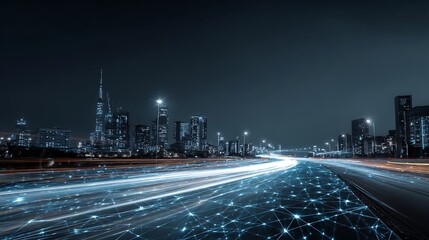 Leinwandbilder - Smart digital city with high speed light trail of cars of digital data transfer