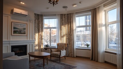 Aufkleber - Renovated rooms with spacious windows and heating systems, both before and after the restoration process, examination of the differences between an old apartment and a newly renovated residence